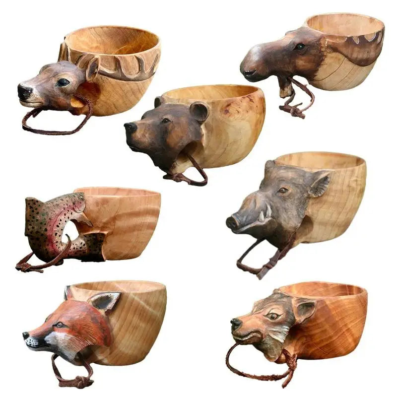 Hand Carved Wooden Animal Mug